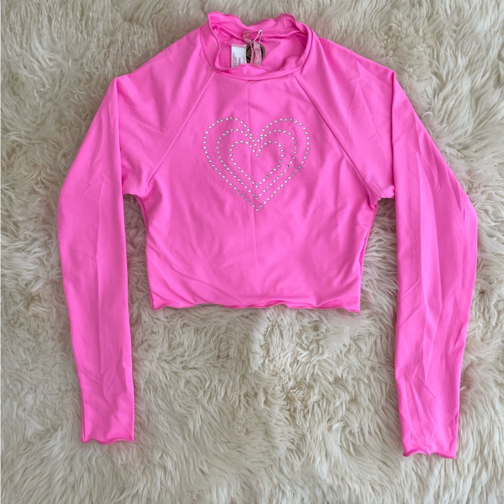 Love shack fancy x Hurley rhinestone rash guard with triple heart detail
